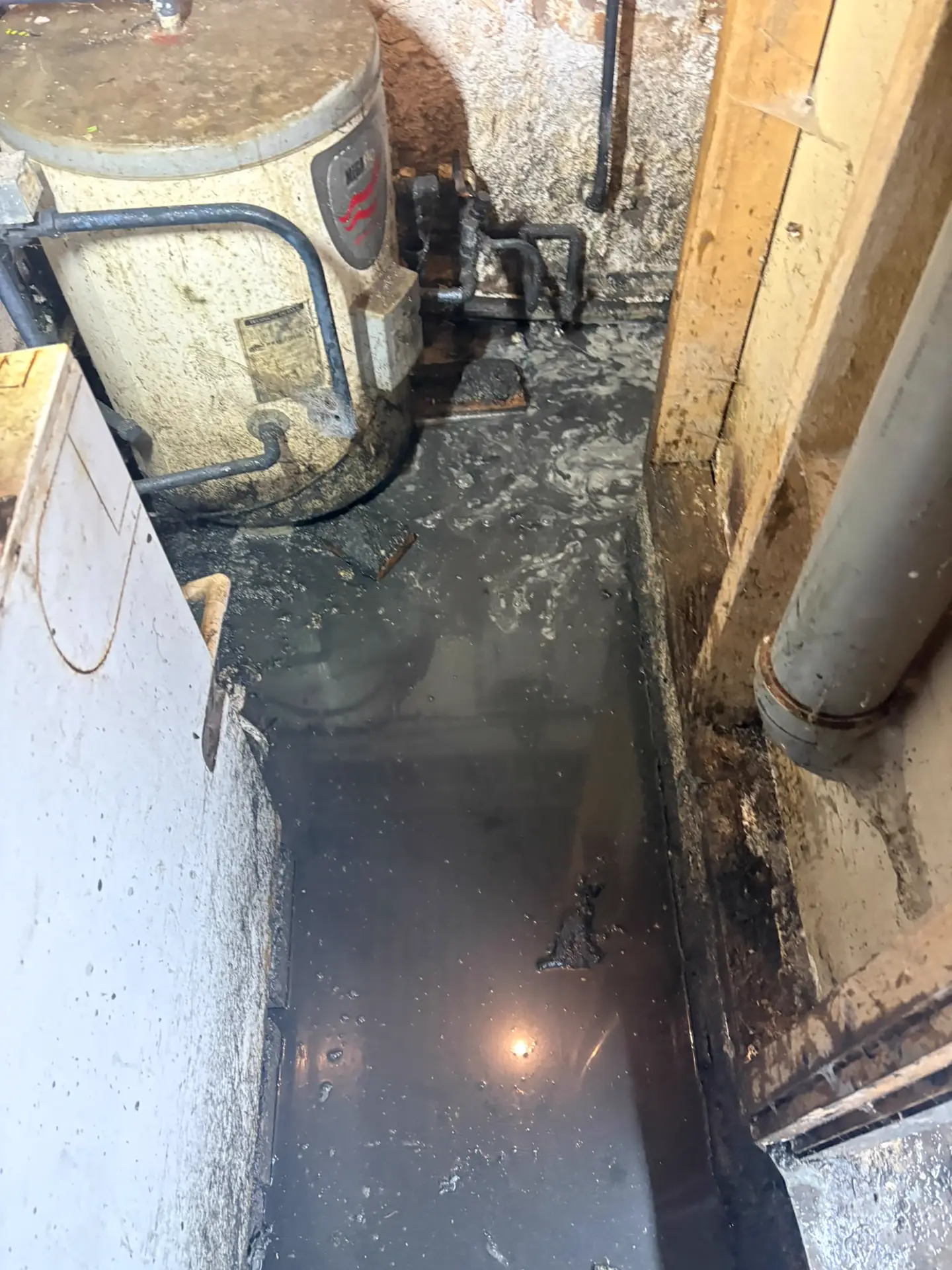 Cellar flooded with standing waste water around a boiler