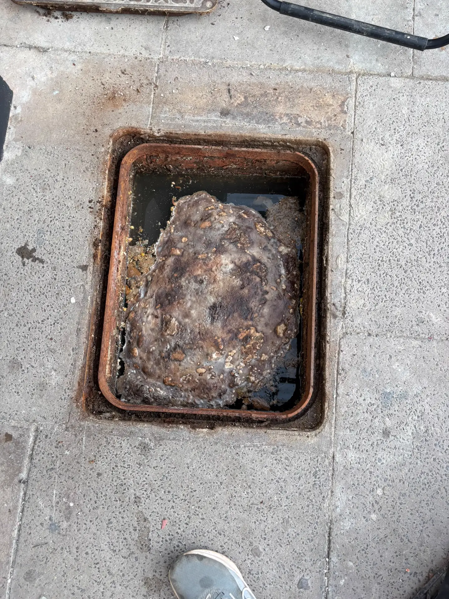 Fat and grease mass filling a commercial drain chamber before removal