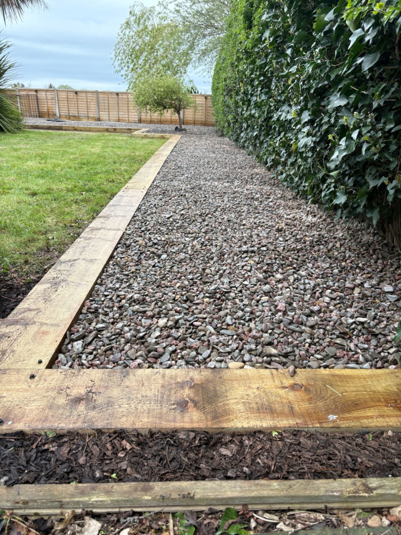Neatly finished gravel garden path bordered with timber sleepers